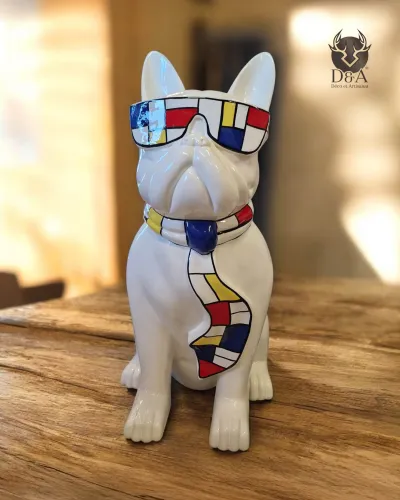 Dieren van hars, Bulldog met bril en MONDRIAN stropdas 120 cm