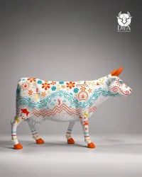 Vaca artística em tamanho real com um design floral boêmio chique.