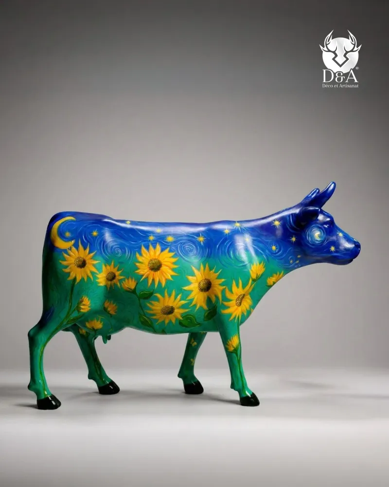 Lebensgroße, künstlerische Kuh mit Sonnenblumenmotiv