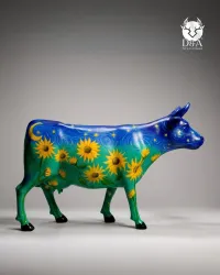 Lebensgroße, künstlerische Kuh mit Sonnenblumenmotiv