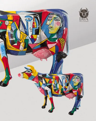 Vaca Picasso em tamanho real, feita em resina – Escultura de arte cubista