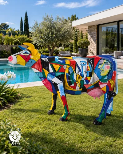 Vaca Picasso em tamanho real, feita em resina – Escultura de arte cubista