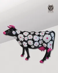 Dieren | Zwarte koe met witte bloemen voor je buitendecoratie