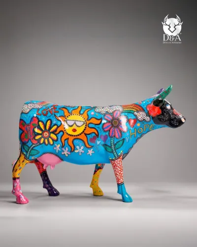 Vaca Flower Power em tamanho real em resina – Escultura Pop Art