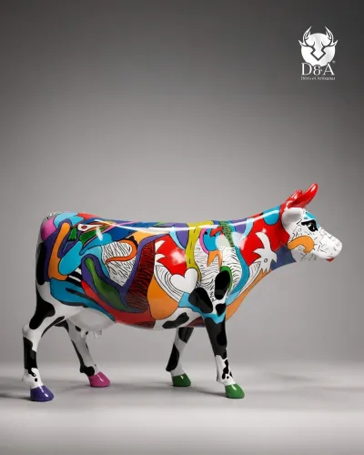 Vache Pop Art Patchwork en résine grandeur nature – Sculpture design