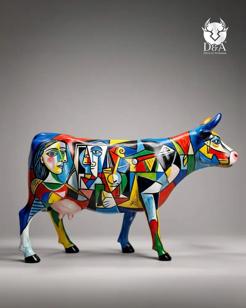 Life-Size Cubist Cow in Fiberglass Resin – Multicolored Statue