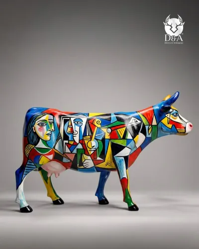 Life-Size Cubist Cow in Fiberglass Resin – Multicolored Statue