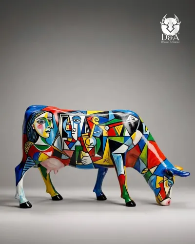Estátua multicolorida de vaca cubista em tamanho real feita de resina de fibra de vidro.