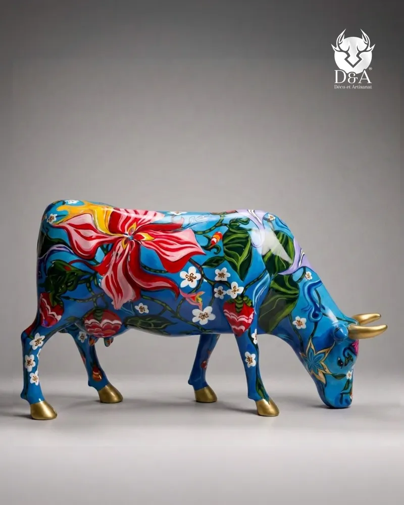 Vaca Amara-Lys em tamanho real, feita de resina – Escultura floral Pop Art em resina de fibra de vidro.