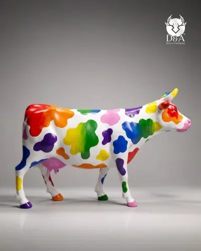 Lebensgroße Regenbogenkuh aus Kunstharz – Pop-Art-Skulptur