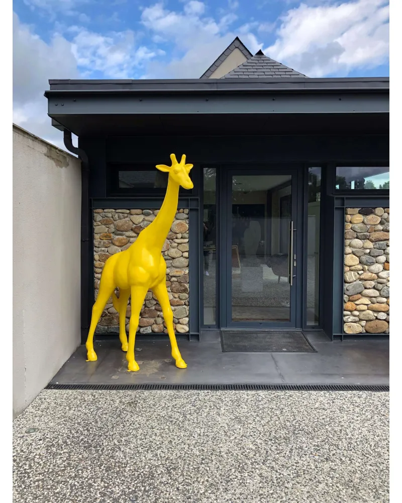 Très grande girafe Jaune de 2,30 m en résine polyester fibrée et résistante aux intempéries. Très grande girafe Jaune de 2,30 m en résine polyester fibrée et résistante aux intempéries.
