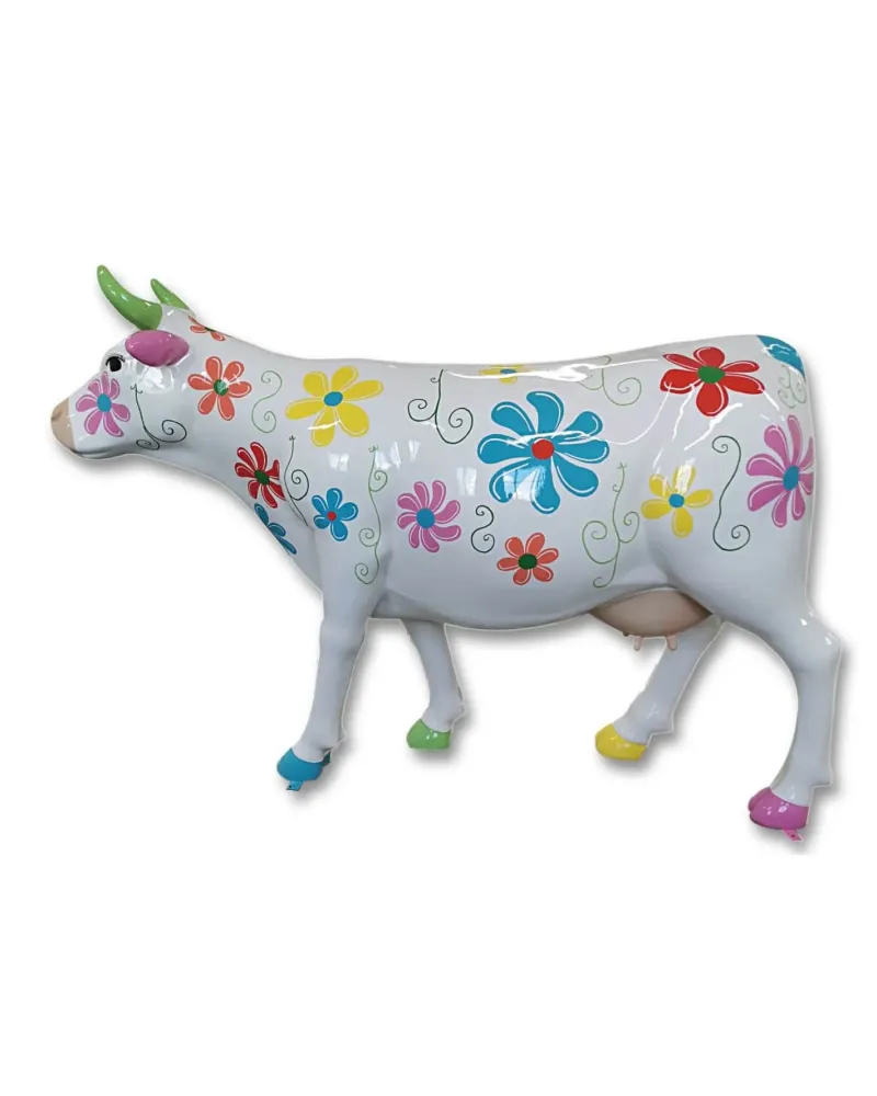 Vache lisse blanche FLEURS, taille réelle animaux en résine Déco et