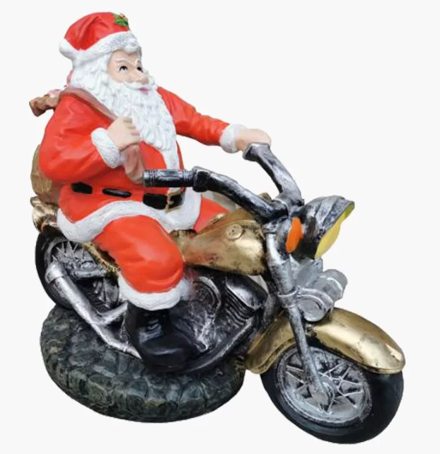 Père Noël en résine sur une moto